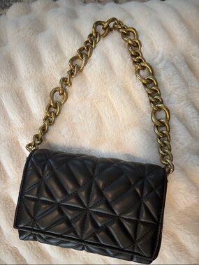 Zara Black Quilted Shoulder Bag with Gold Chain Strap